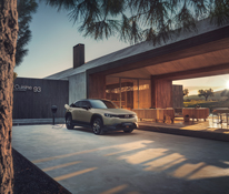 Mazda MX-30 parked at a modern home, highlighting Mazda design elegance and electric lifestyle appeal.