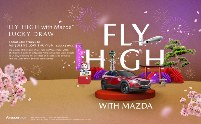 Fly High with Mazda campaign visual showing a red Mazda CX-5 with cherry blossoms, fireworks, and travel elements themed around Japan.